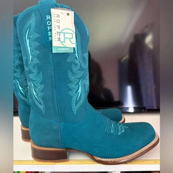 Roper Teal Suede Western Boots with Embroidery - Picture 5 of 11